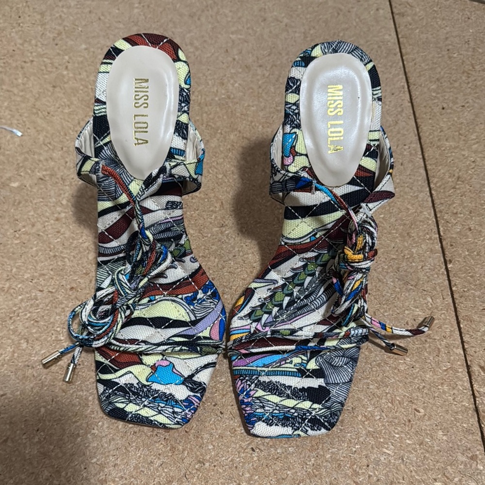Miss Lola Blue and Green Heels with Wrap-Around Straps